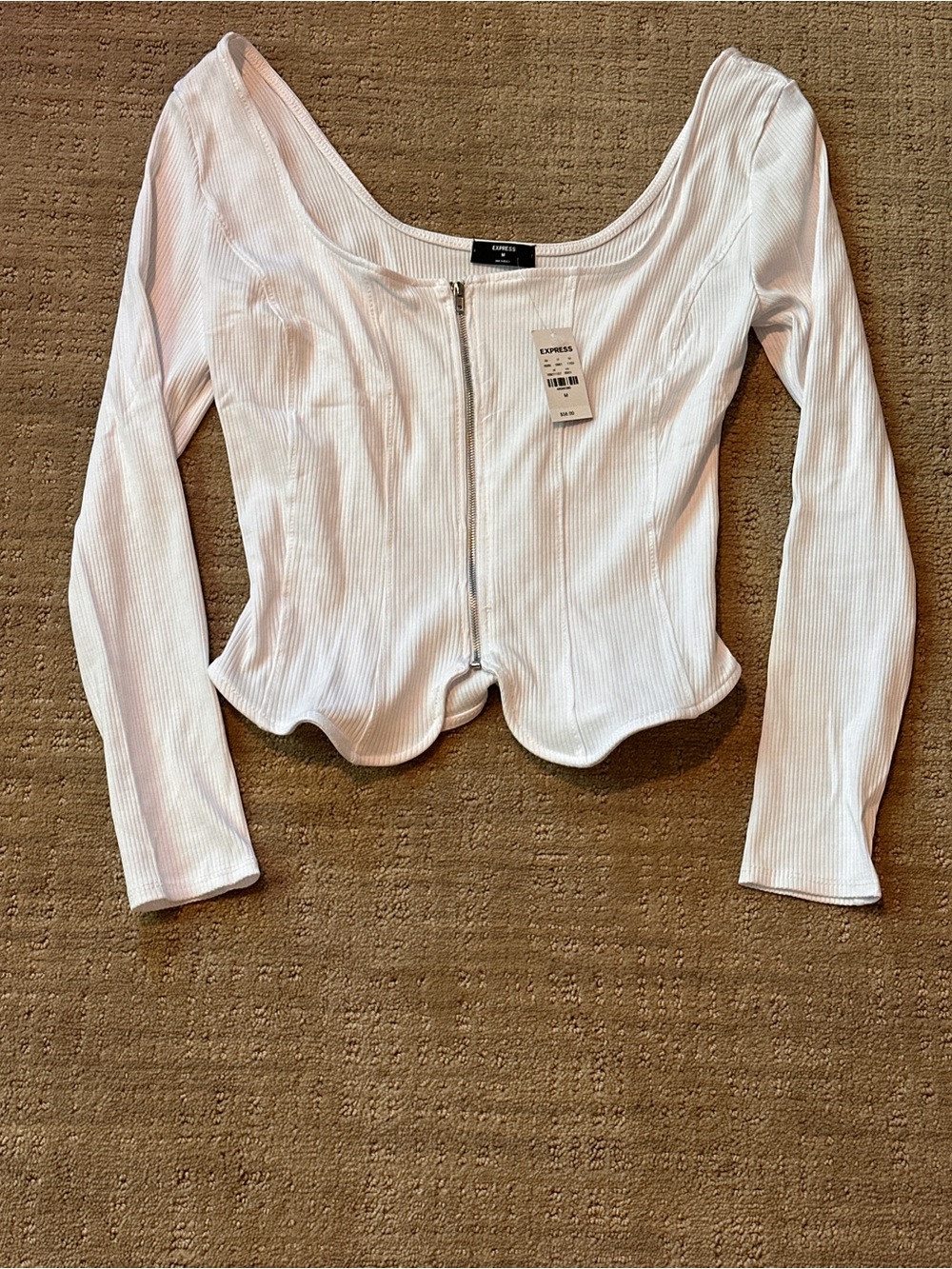 NWT Express White Ribbed Zip-Front Long Sleeve Top